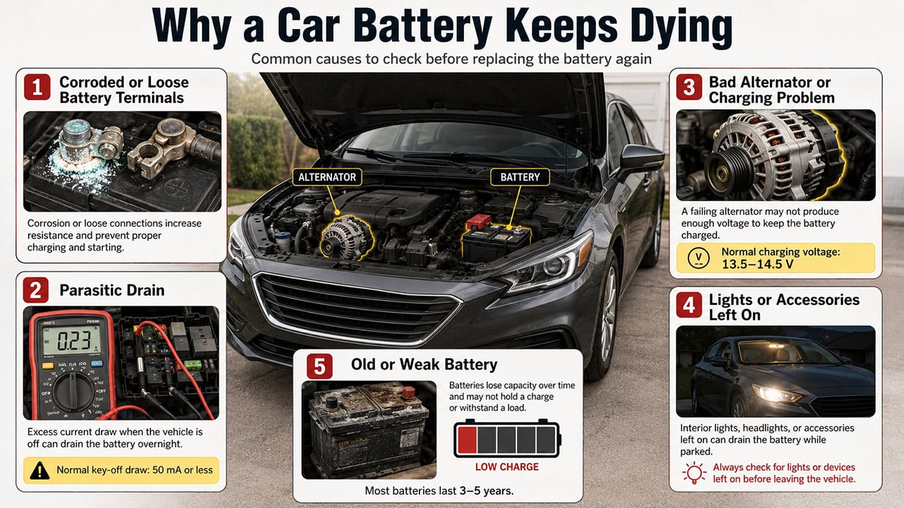 Infographic showing common reasons a car battery keeps dying, including corroded terminals, parasitic drain, a bad alternator, lights left on, and an old battery